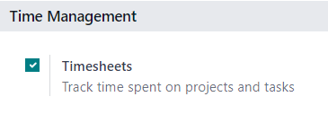 Hogyan néz ki az Időnyilvántartások funkció az Odoo Project beállítási oldalon.