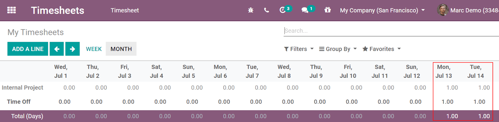 Videó a munkaidő-nyilvántartásokról, kiemelve a munkavállaló által kért szabadságot az Odoo Timesheets-ben