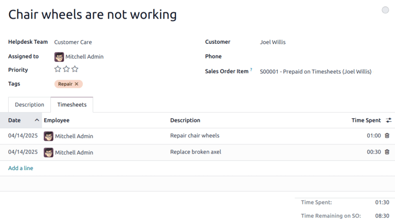A jegy timesheets fülének nézete, kiemelve az SO-n fennmaradó órákat.