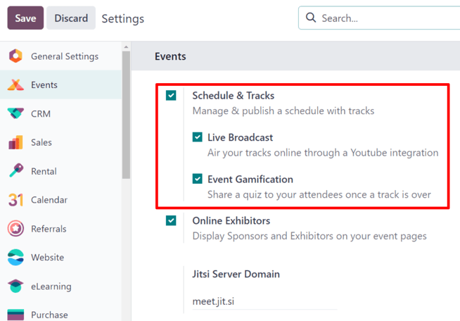 Az Odoo Events alkalmazásban található Schedule and Tracks beállítás, valamint a hozzá tartozó opciók.