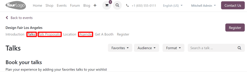 Az esemény weboldalon az Odoo Events segítségével épített esemény szekcióhoz kapcsolódó almenü opciók.