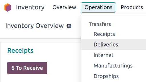 Az összes átviteltípus megjelenítése legördülő menüben: Receipts, Deliveries, Internal Transfers, Manufacturings, Batch Transfers, Dropships.