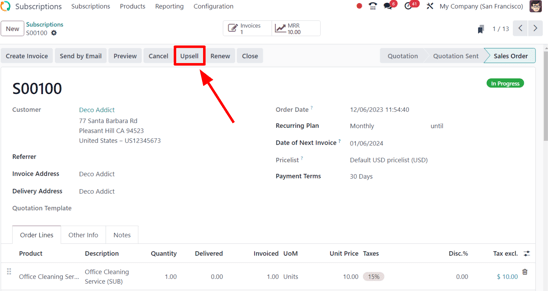 Feljavítás gomb az előfizetési értékesítési rendelésekhez az Odoo Subscriptions segítségével.