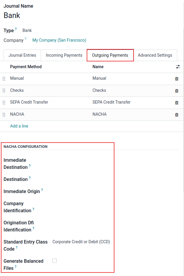 NACHA (National Automated Clearing House Association) konfigurációs beállítások az Odoo-ban.