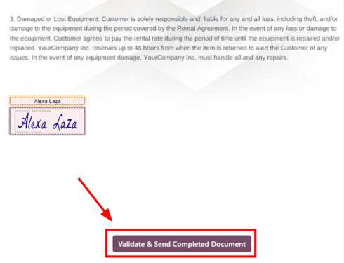 A validate and send completed document gomb az Odoo Rental alkalmazásban.