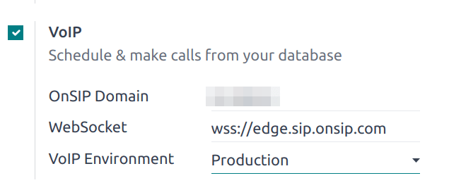 VoIP konfigurációs beállítások az Odoo Beállítások alkalmazásban.