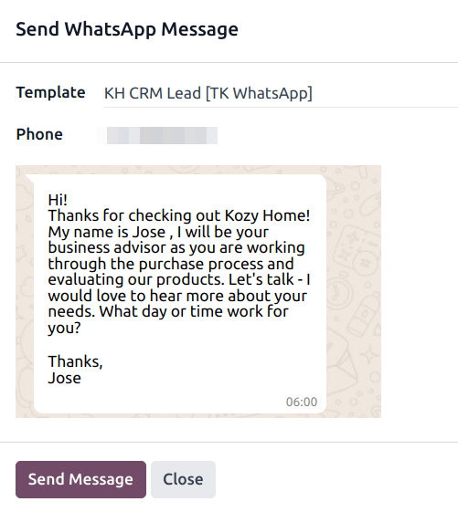 Egy WhatsApp üzenet küldése felugró ablak.
