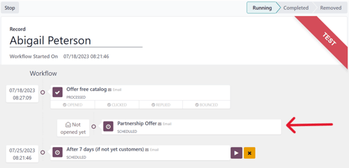 Munkafolyamat teszt előrehaladás az Odoo Marketing Automation-ben.