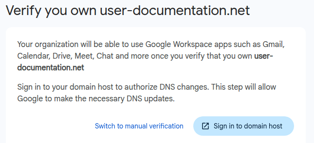 Átváltás kézi domain ellenőrzésre a Google Workspace-ben