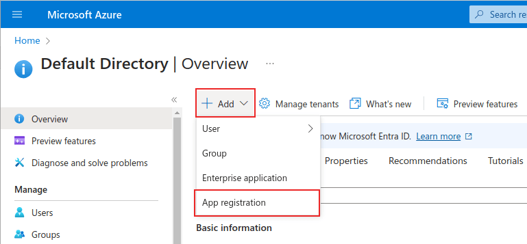 Pagina de gestionare Microsoft Azure cu meniul + Adăugare și Înregistrare aplicație evidențiate.