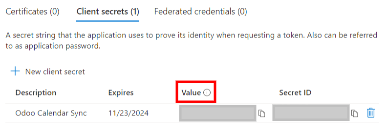 Tokenul "Client Secret" de copiat de la Microsoft în Odoo.