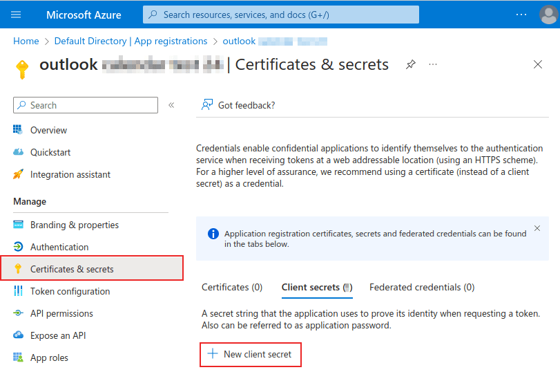 Noua pagină secretă a clientului cu meniu de certificate și secrete și opțiune nouă de secrete a clientului evidențiat.