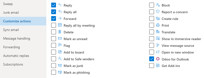 Odoo pentru acțiune personalizată Outlook