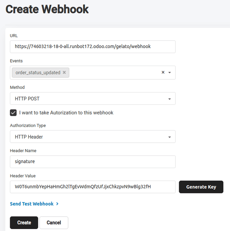 Webhook configurat recent în platforma Gelato.